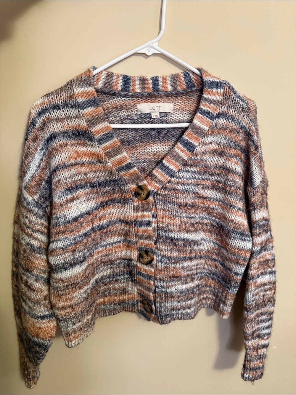 LOFT Striped V-Neck Button Cardigan - Rust, Gray & Cream